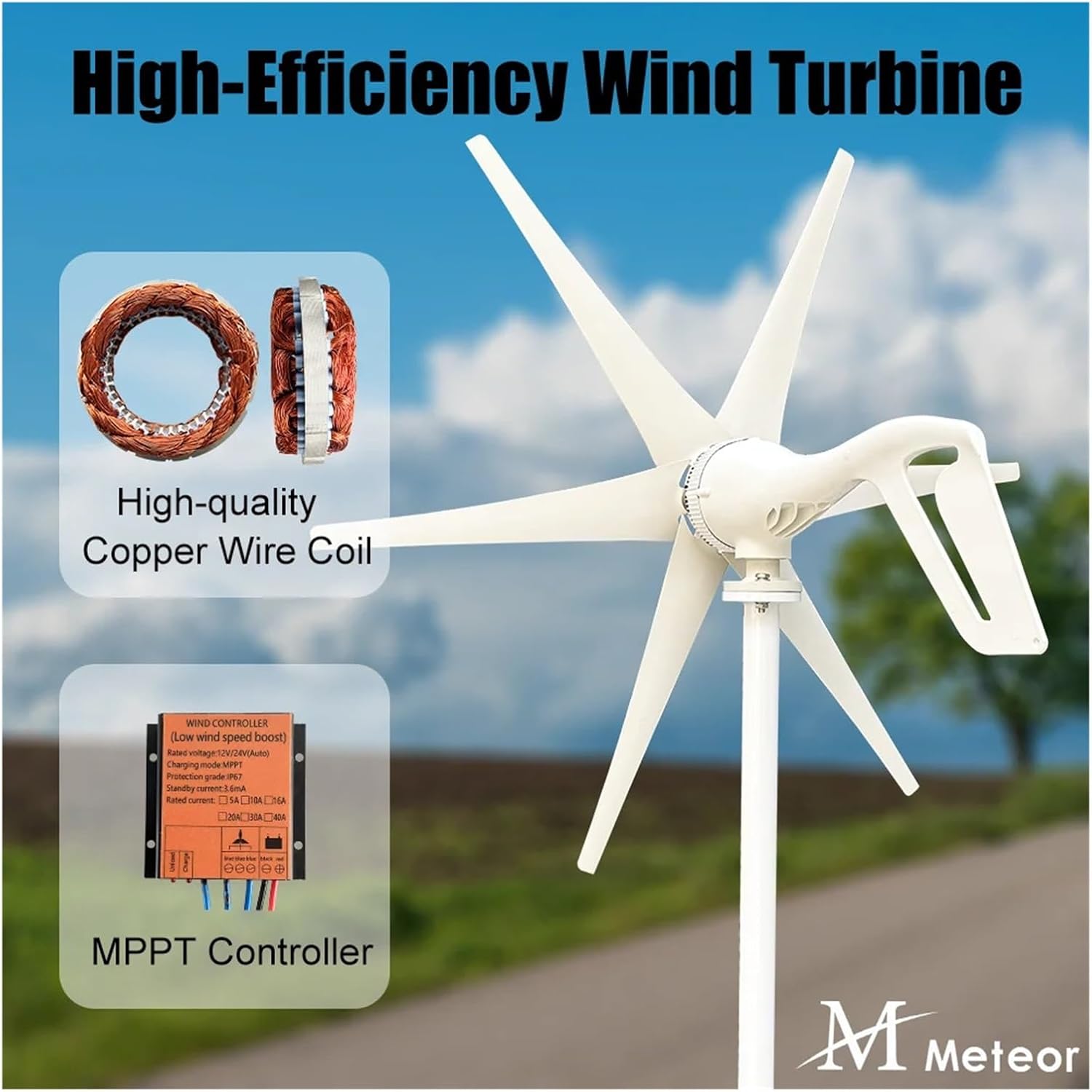 600w 800w 1000w Wind Turbine Generator Windmill 12v 24v Home Appliance Camping Power Generator with MPPT Controller Low Starting Speed for Home(6 Blades 1000w,24V)
