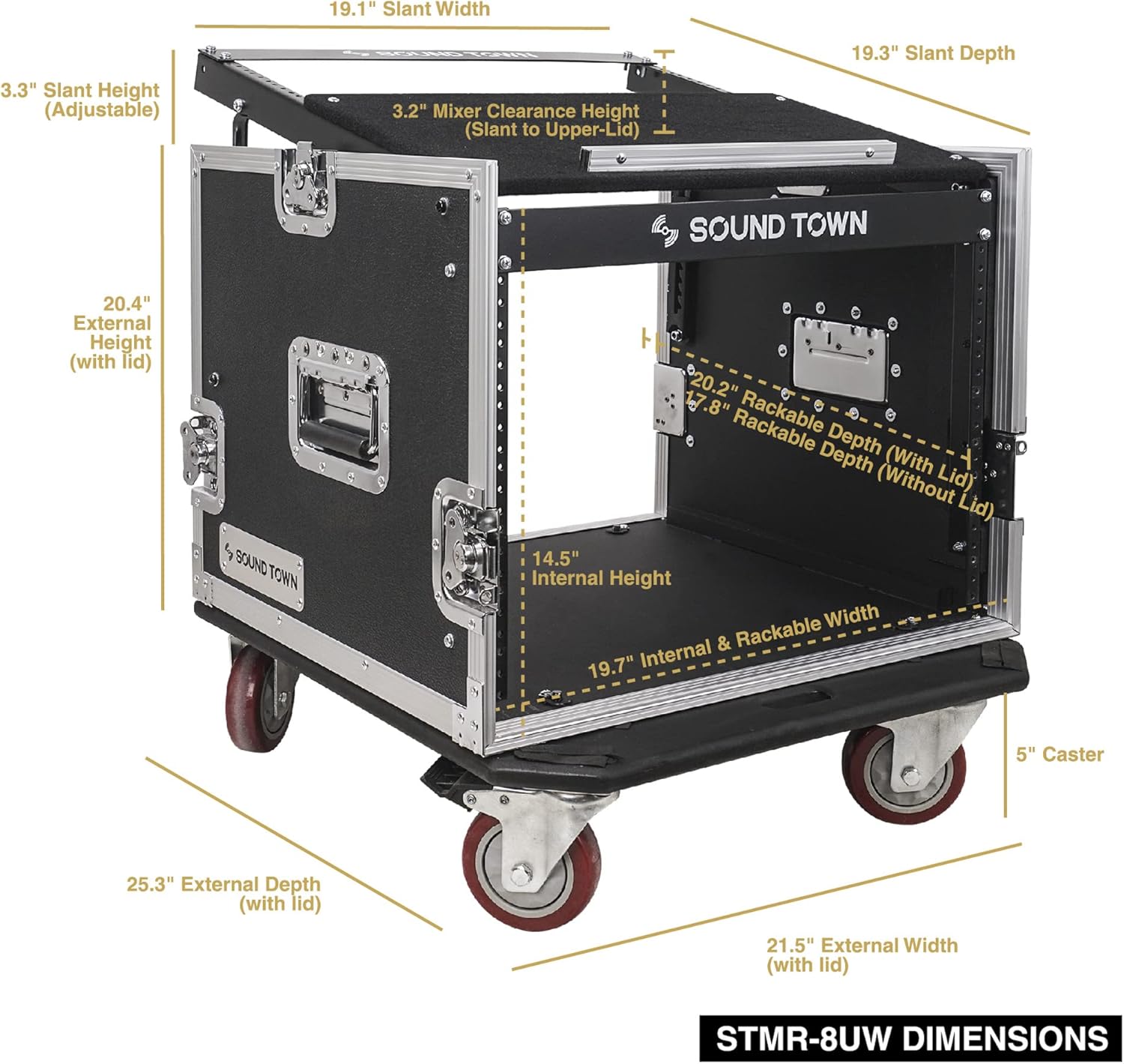 Sound Town Enhanced Thickness 1/2” (12mm) Plywood 8U Audio Rack/Road ATA Case with 11U Slant Mixer Top, 20’’ Rackable Depth, Casters, 8 Space Size, Pro Tour Grade (STMR-8UW)