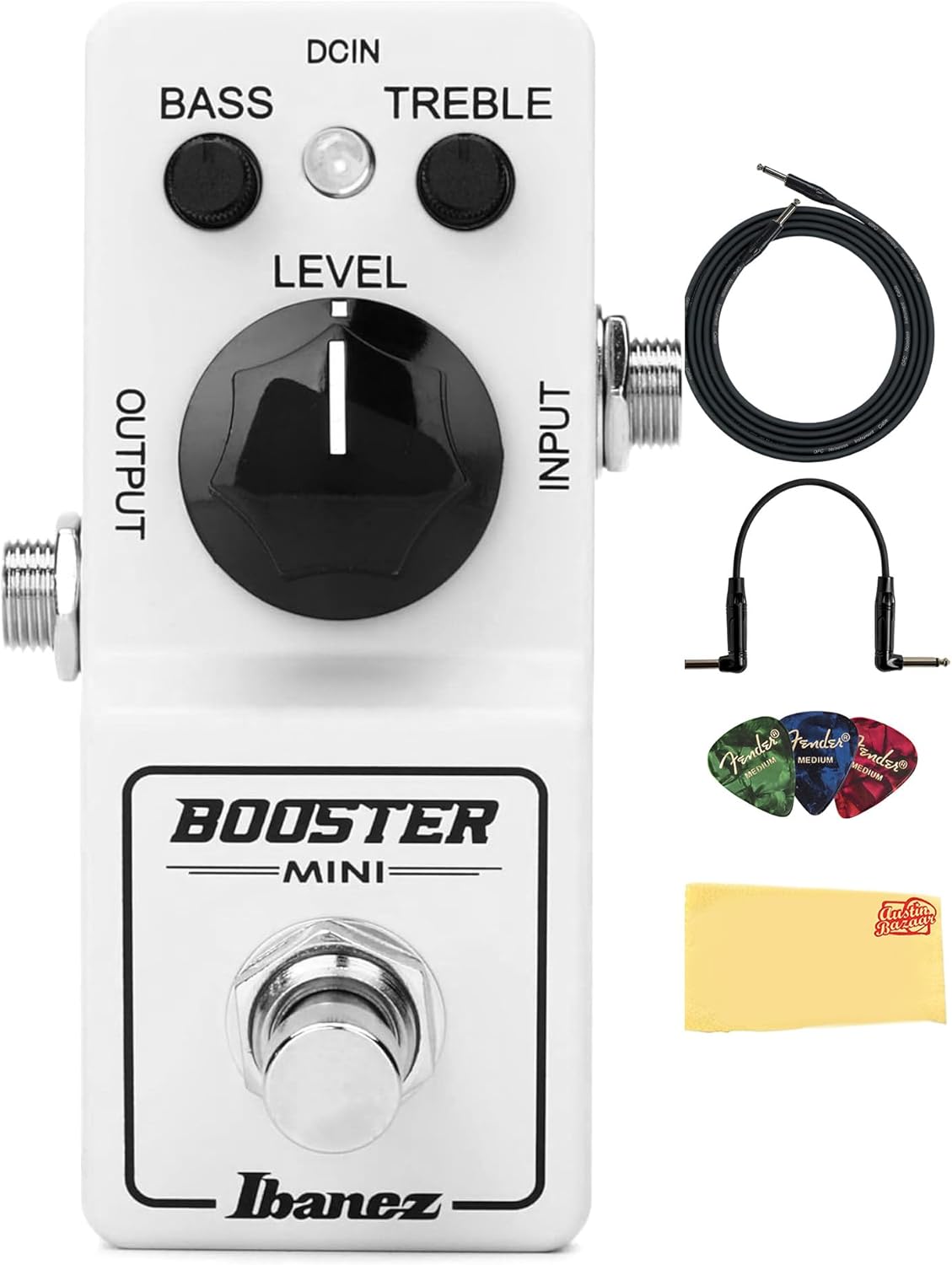 Ibanez BTMINI Mini Booster Guitar Pedal Bundle with Instrument and Patch Cables, Picks, and Austin Bazaar Polishing Cloth