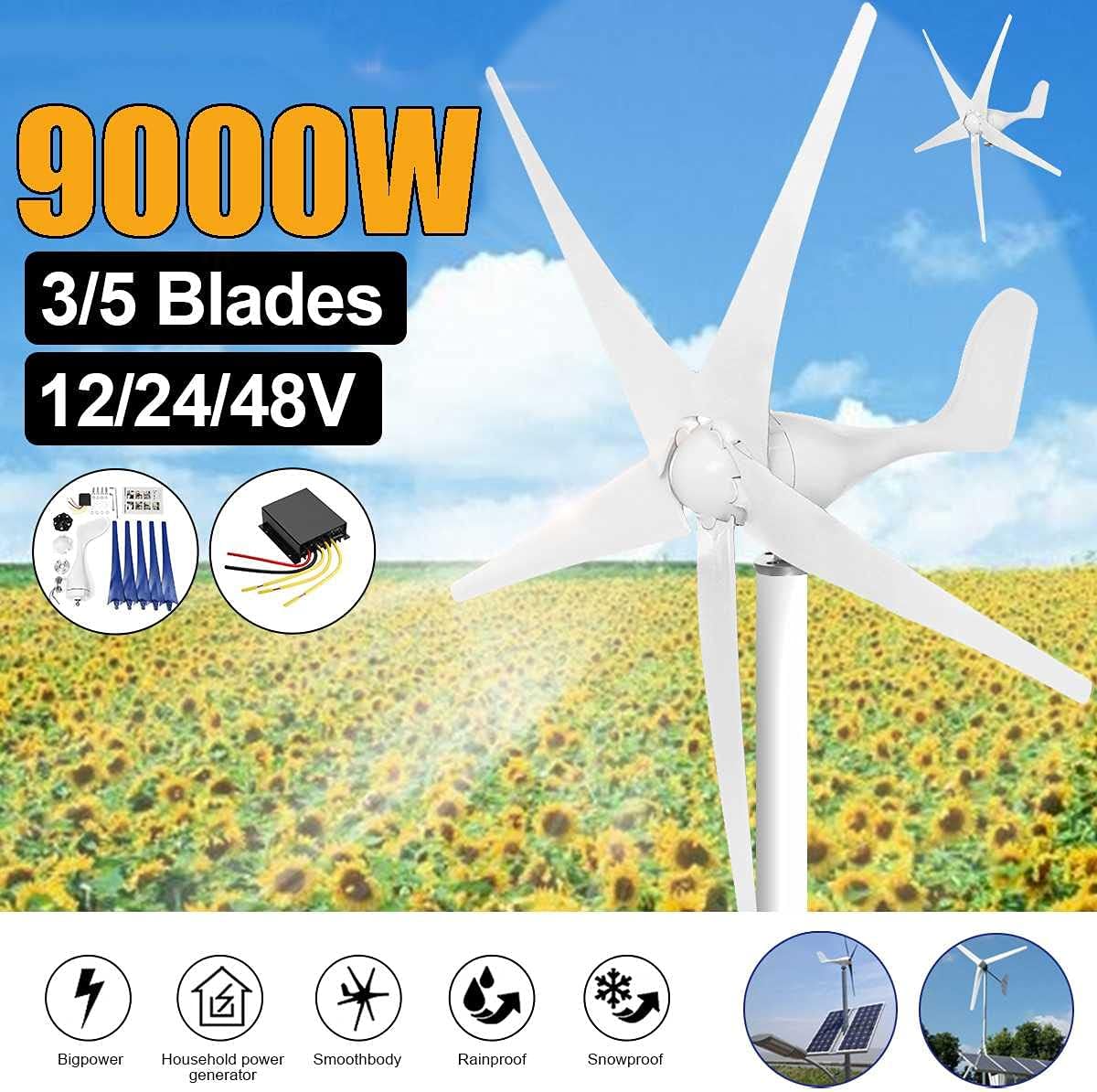 9000W Horizontal Wind Generator 3/5Blade 12/24/48V Wind Turbines Generator Windmill Energy Turbines Charge with Controller