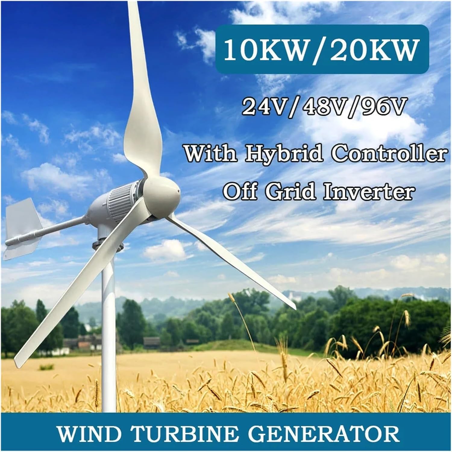 Wind Turbine Generators Kit, 20KW Horizontal Wind Turbine Generator 96V 48V 24V Windmill Strong Power Off Grid Inverter Output for Home Low Starting Speed for Home(Hybrid Control,96V_20KW)