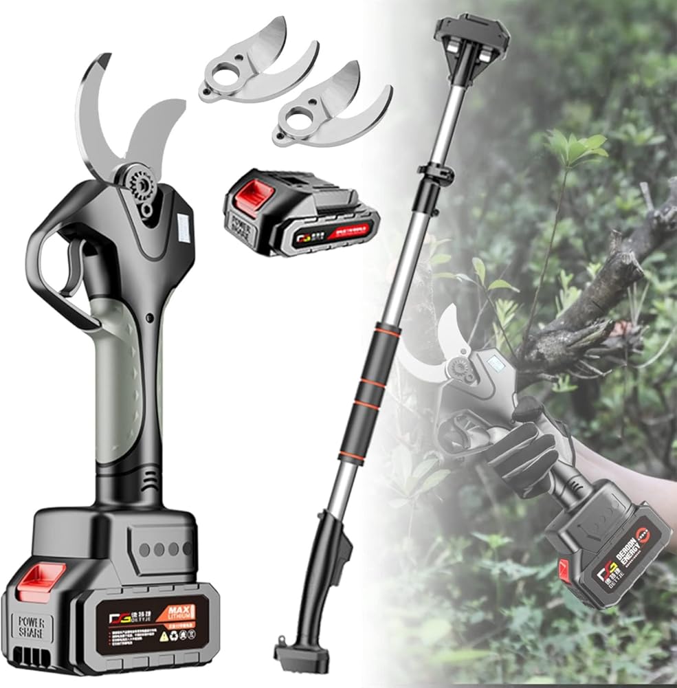 Electric Secateurs, Electric Pruning Shears with 2.1m Telescopic Pole, 2 Battery Powered Cordless Pruners Trimmer Less Effort Efficient Branch Scissors for Hedge, Bush, Orchard