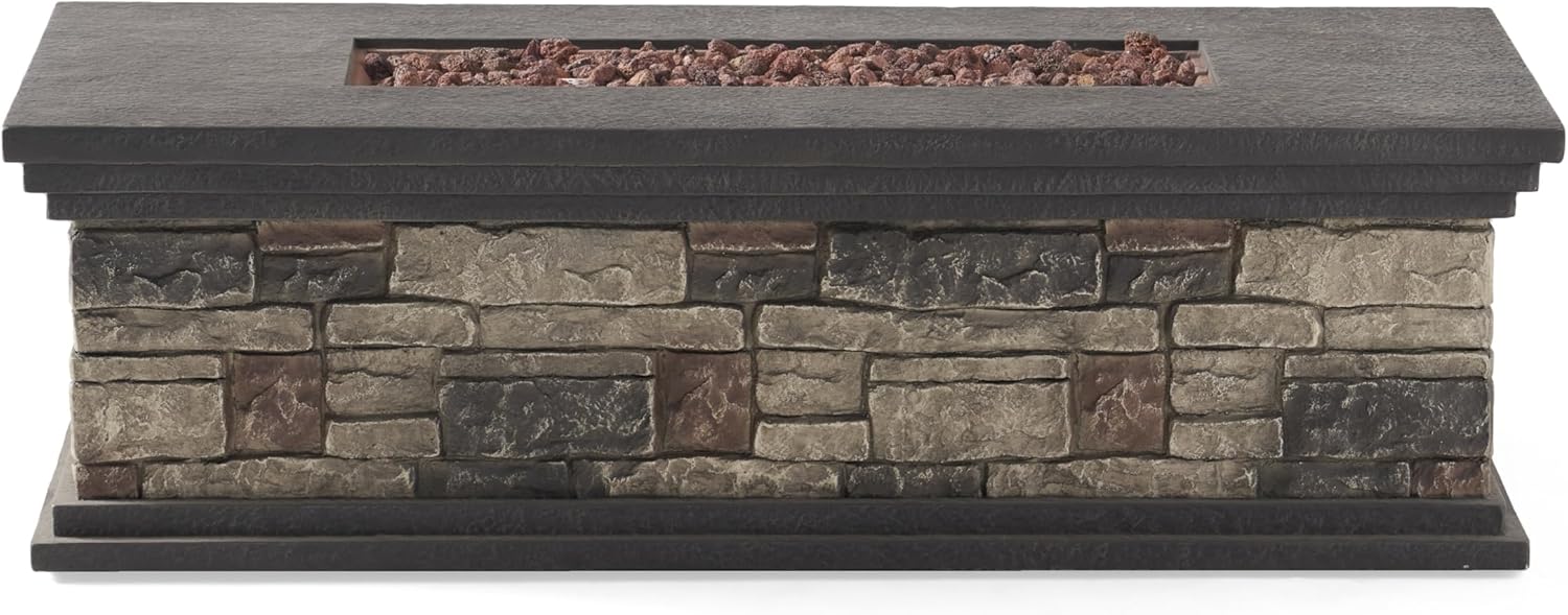 Stone Gray Rectangle Fire Pit – 50,000 Btu Outdoor Propane Fire Pit with Lava Rocks, Durable Steel Construction, Easy Ignition, Patios Backyards (1 Doors)