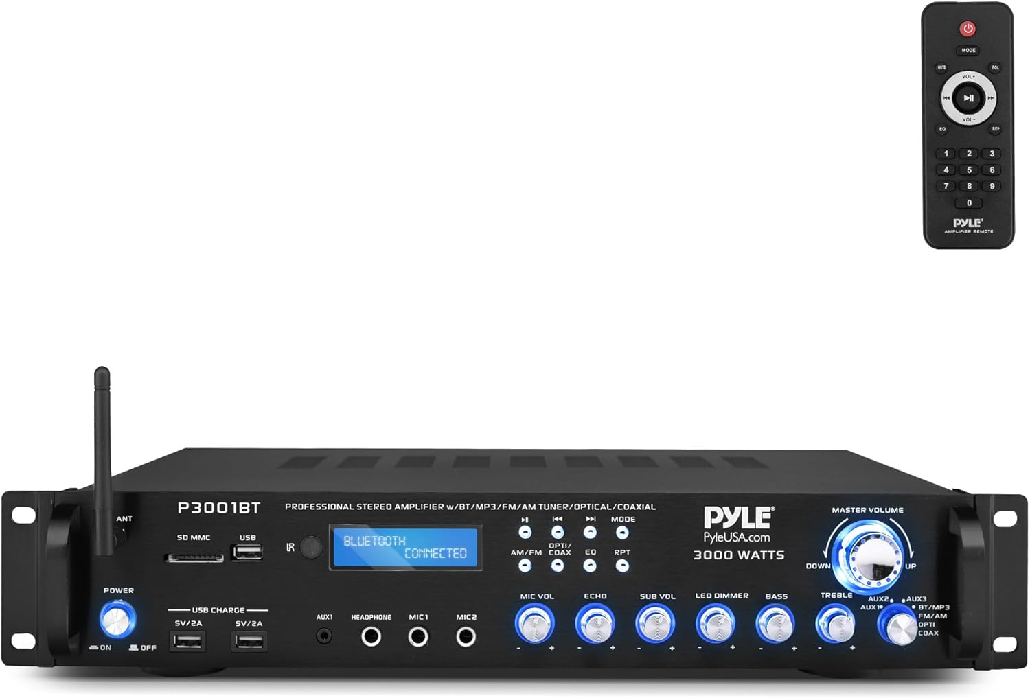 Pyle 3000W Multi-Channel Bluetooth Wireless Power Amplifier - Rack Mount - Stereo Receiver w/ FM Radio - USB/SD - Dual Mic w/ Echo - RCA - Headphone - LED Display - Cooling Fan - P3001BT