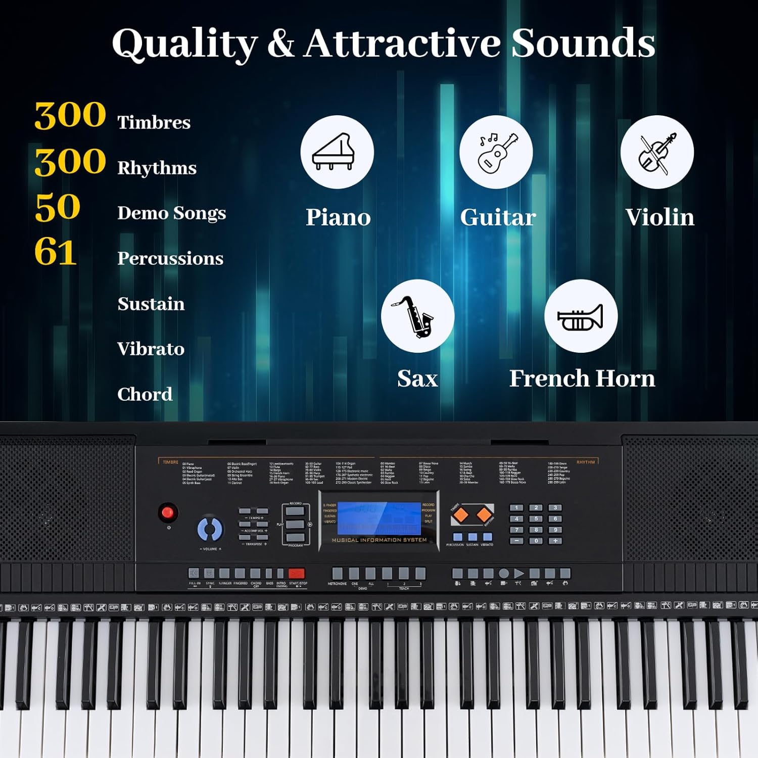 HONEY JOY 61 Key Keyboard Piano, Electric Piano Keyboard Kit with 300 Tones, 300 Rhythms, Piano Stand, Bench, Headphone/Microphone, Built-In Speakers, Keyboard Piano for Beginners, Black