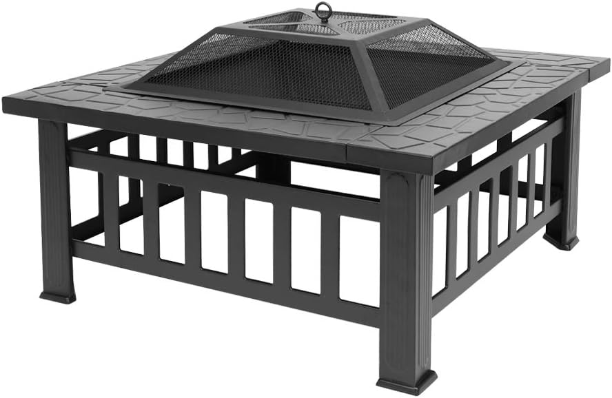 32in Outdoor Metal Firepit Square Table Backyard Patio Garden Stove Wood Burning Fire Pit with Spark Screen, Log Poker and Cover