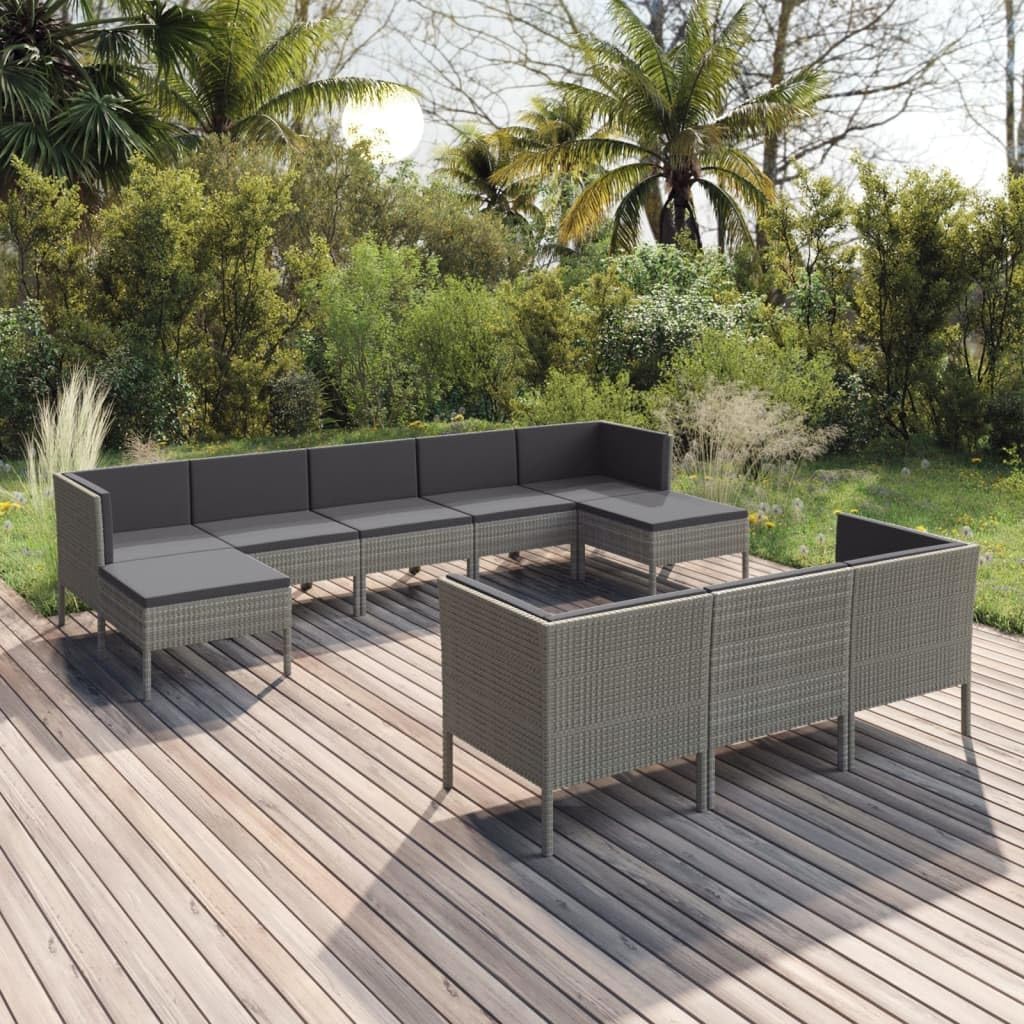 Patio Set 10 Piece Patio Lounge Set with Cushions Poly Rattan Gray