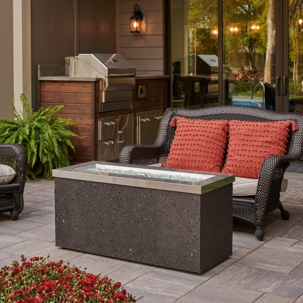 Outdoor GreatRoom Co Propane Fire Pit Table - Key Largo Gas Fire Pits for Outside Patio - 48 Inch Rectangular Stainless Steel Firepit Fire Table, Stucco Base, Glass Tabletop Cover, 80,000 BTU