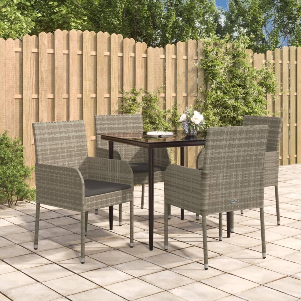 5 Piece Patio Dining Set with Cushions Black and Gray Poly Rattan,Modern Outdoor Dining Set: WeatherResistant PE Rattan with Comfortable Cushions and Tempered Glass Tabletop Furniture Sets for Patio,