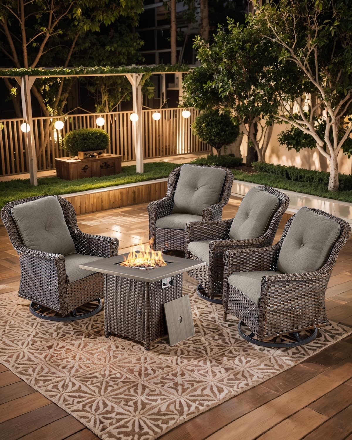 Outdoor Propane Fire Pit Table for Patio - 30-Inch Outside Wicker 50,000 BTU Gas Firepit Tables with Lava Rocks Waterproof Lid for Porch Glassroom Fireplace Garden Yard Apartment - Brown