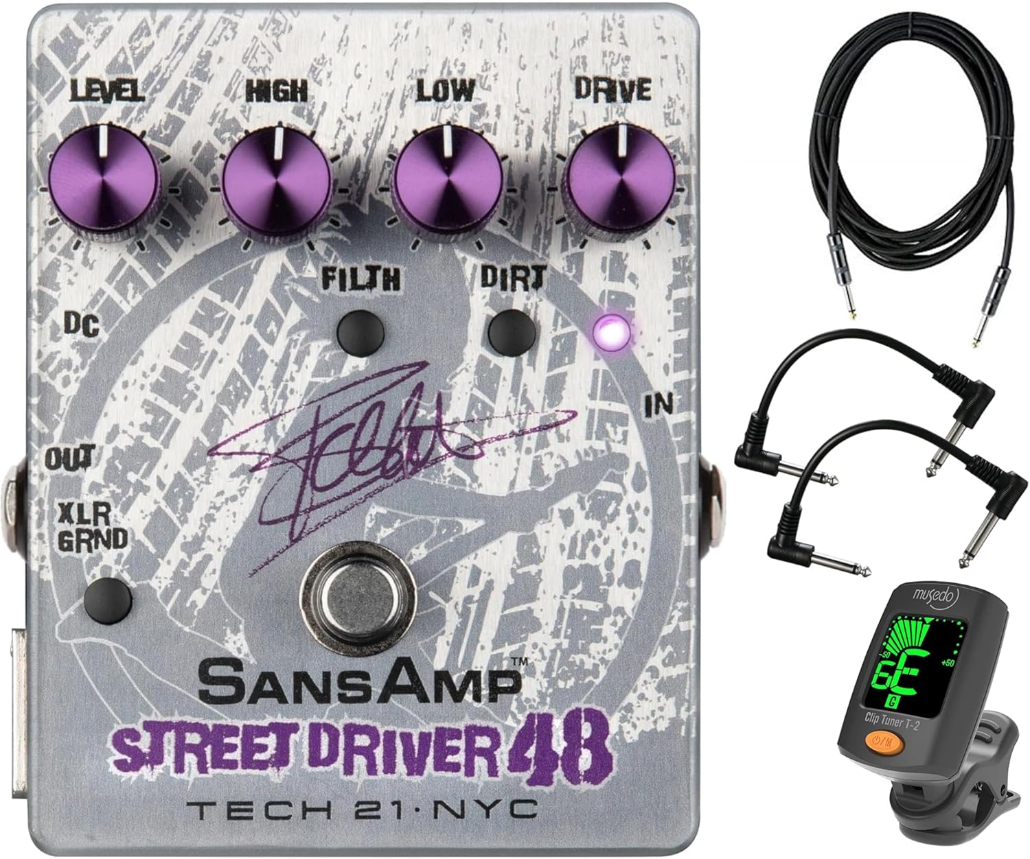 Tech 21 Frank Bello Street Driver 48 Signature SansAmp - Bundle with Instrument Cable, 2 Patch Cables, and Tuner