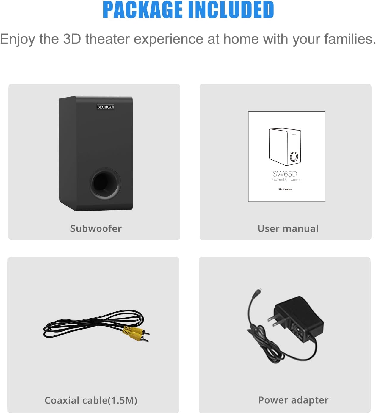 BESTISAN Powered Subwoofer, 6.5'' Side Firing Home Audio Sub, Deep Bass Response Subwoofers, Easy Setup with Home Theater Systems, TV, Speakers, RCA, LFE, AUX Input, High-Level Speaker Input & Output