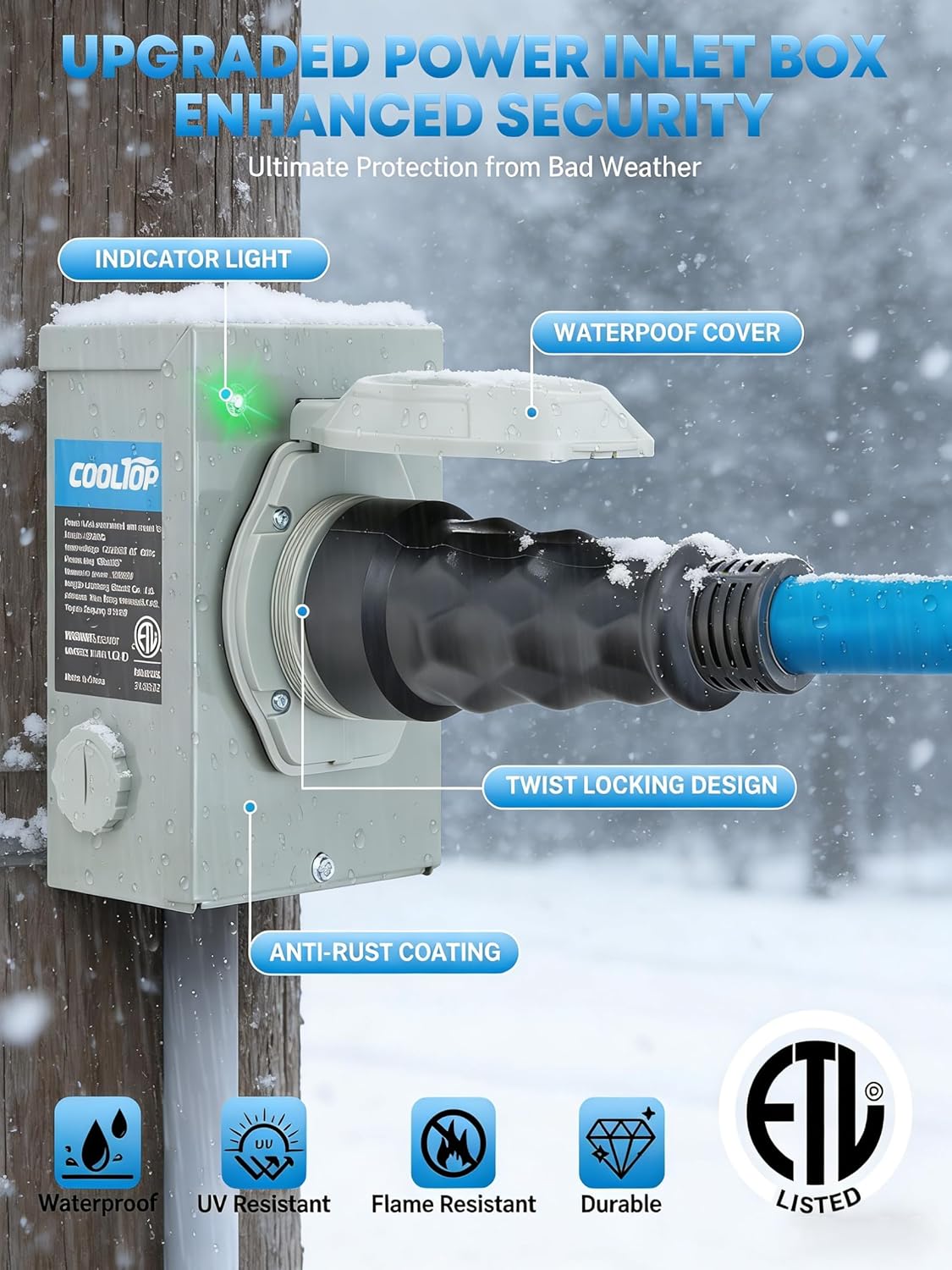 COOLTOP 50 Amp Generator Cord and Power Inlet Box Kit, 15FT Extension Cable STW 6/3+8/1 AWG Generator Cord 125/250V NEMA 14-50P to SS2-50R Pre-Drilled Inlet Box Waterproof Combo Kit, ETL Listed