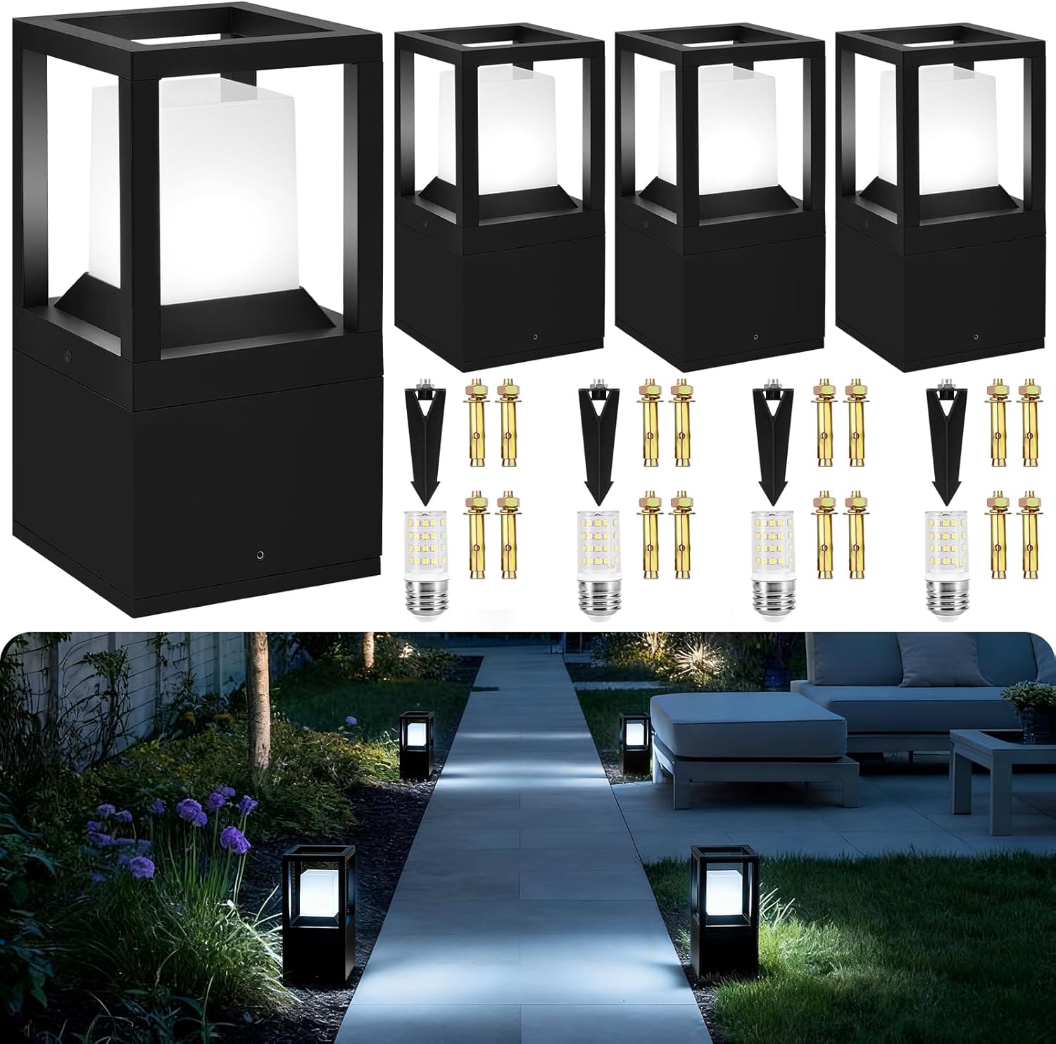 Gardencoin Landscape Bollard Light Outdoor, 12V Low Voltage LED Pathway Lighting, Modern Path Lantern Light Wired, Aluminum Waterproof Floor Pillar Lighting with Bright 5W 5000K Dimmable Bulb, 4 Pack