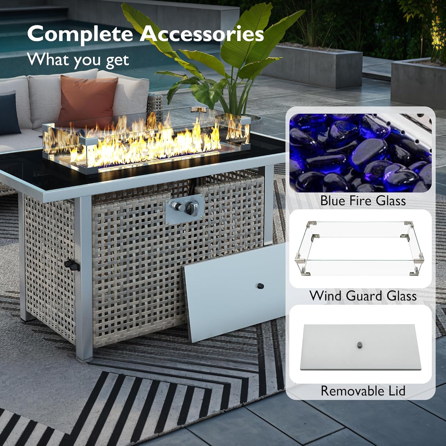 43 Inch Propane Fire Pit Table with Glass Wind Guard, 60,000 BTU Outdoor Rectangular Wicker Fire Pit for Patio, Grey Weave Design Fire Pit Table for Backyard Garden Deck, Not Included Propane & Cover