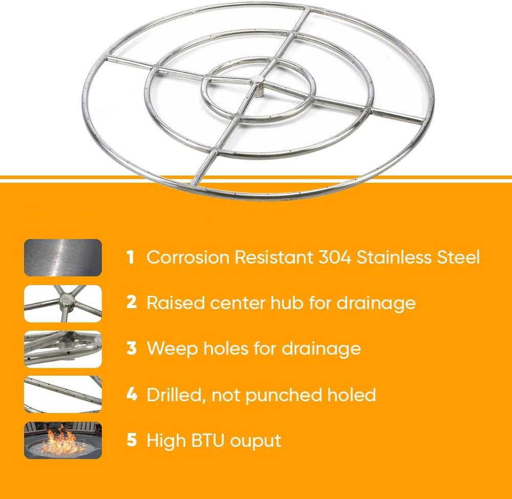 HPC Round Match Lit Fire Pit Burner Kit with 24-Inch Stainless Steel Burner and 30-Inch Flat Pan, Natural Gas, Polished Chrome, with Flange, Key, Valve, Flex Line and Fittings