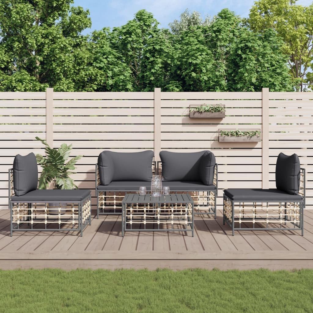 5 Piece Patio Lounge Set with Cushions, Poly Rattan,Stylish Garden Lounge Set: WeatherResistant Poly Rattan for Cozy Outdoor Gatherings Patio Furniture & Accessories, Outdoor Seating