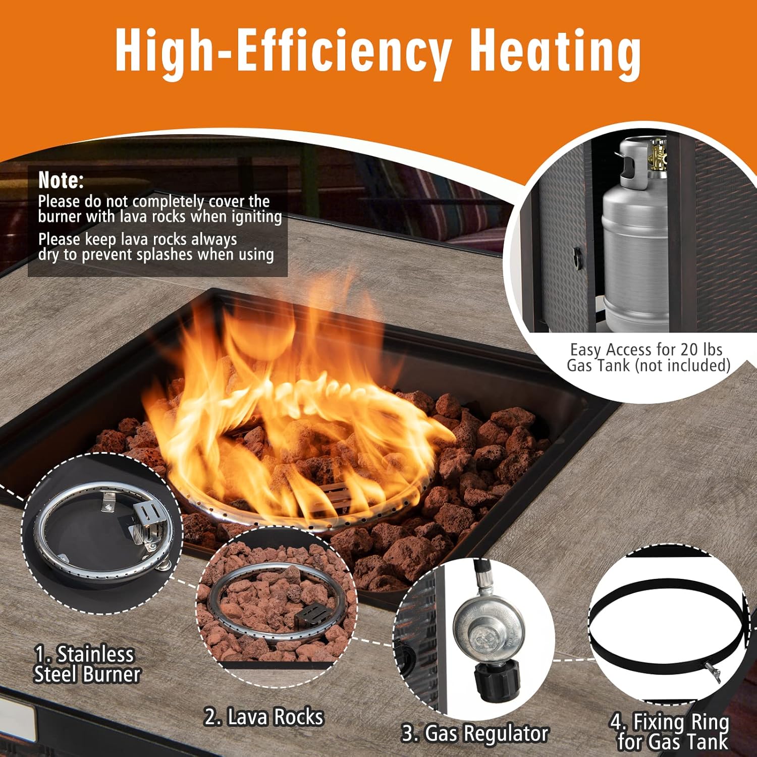 Tangkula 30 Inch Propane Gas Fire Pit Table, Patiojoy 50,000 BTU Square Fire Table with Ceramic Tabletop, PVC Cover & Lava Rocks Included, Perfect for Backyard, Outdoor (Black)