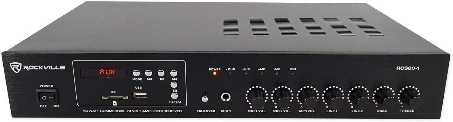 Rockville CCL6T Bundle: (4) White 6 in 70V Commercial Ceiling Speakers for Restaurant or Office, RCS80-1 60 Watt Bluetooth Amplifier, CH-MIC70 Gooseneck Paging Microphone with Chimes, 6-Items