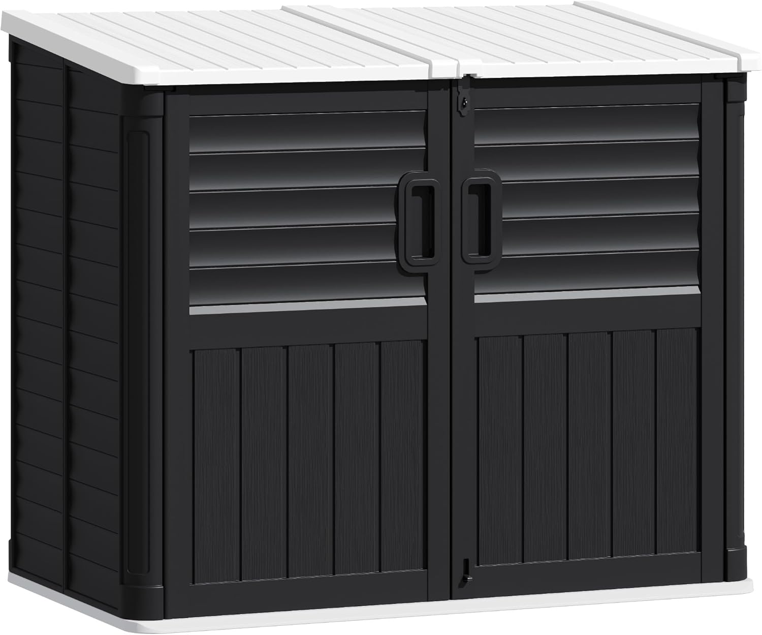 TUOZE 34 Cu Ft Resin Storage Shed with 2 Shelves, Waterproof Outdoor Storage Cabinet with Sloping Roof & Lockable Lid for Garden Tools, Trash Cans (Black)