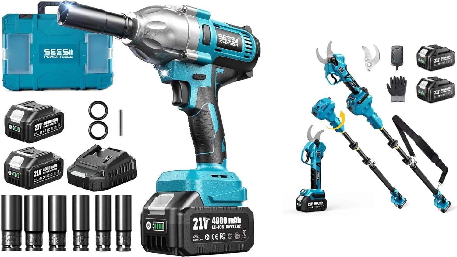 Seesii Impact Wrench 665 FT-LBS 3300IPM 1/2 Impact Gun High Torque & 2-in-1 Pole Pruning Shears