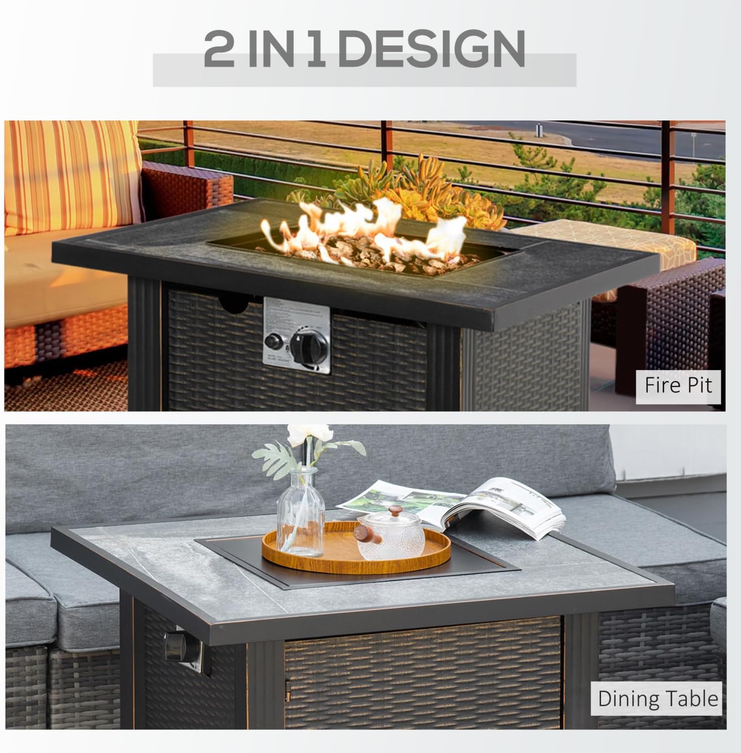 Outdoor Propane Gas Fire Pit Table - 2-in-1 Design with 50,000 BTU Burner, Steel Construction, Black Color
