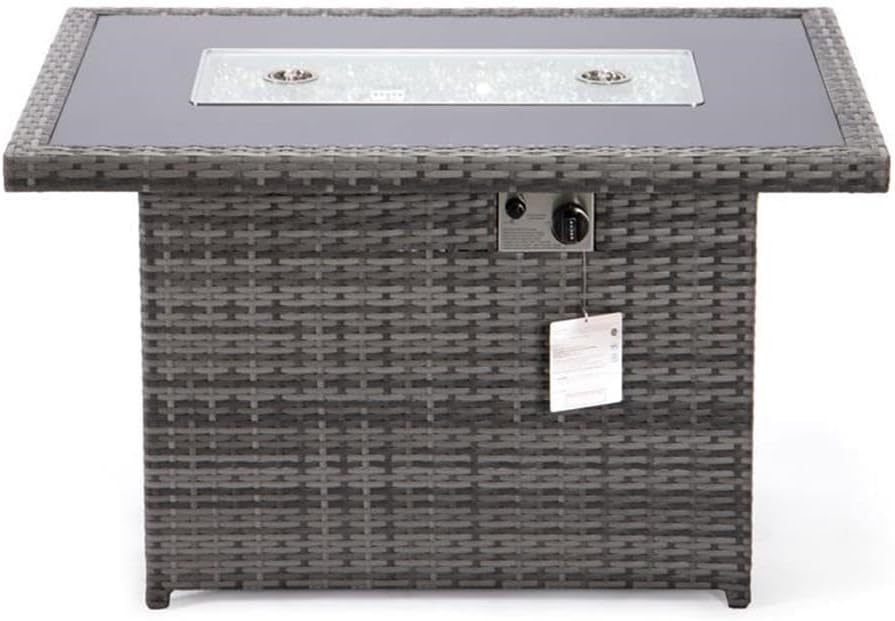 LeisureMod 44-Inch Propane Fire Pit Table, 50,000 BTU Auto-Ignition Gas Fire Pit with Lid, Tempered Glass Wind Guard & Decorative Stones, Grey