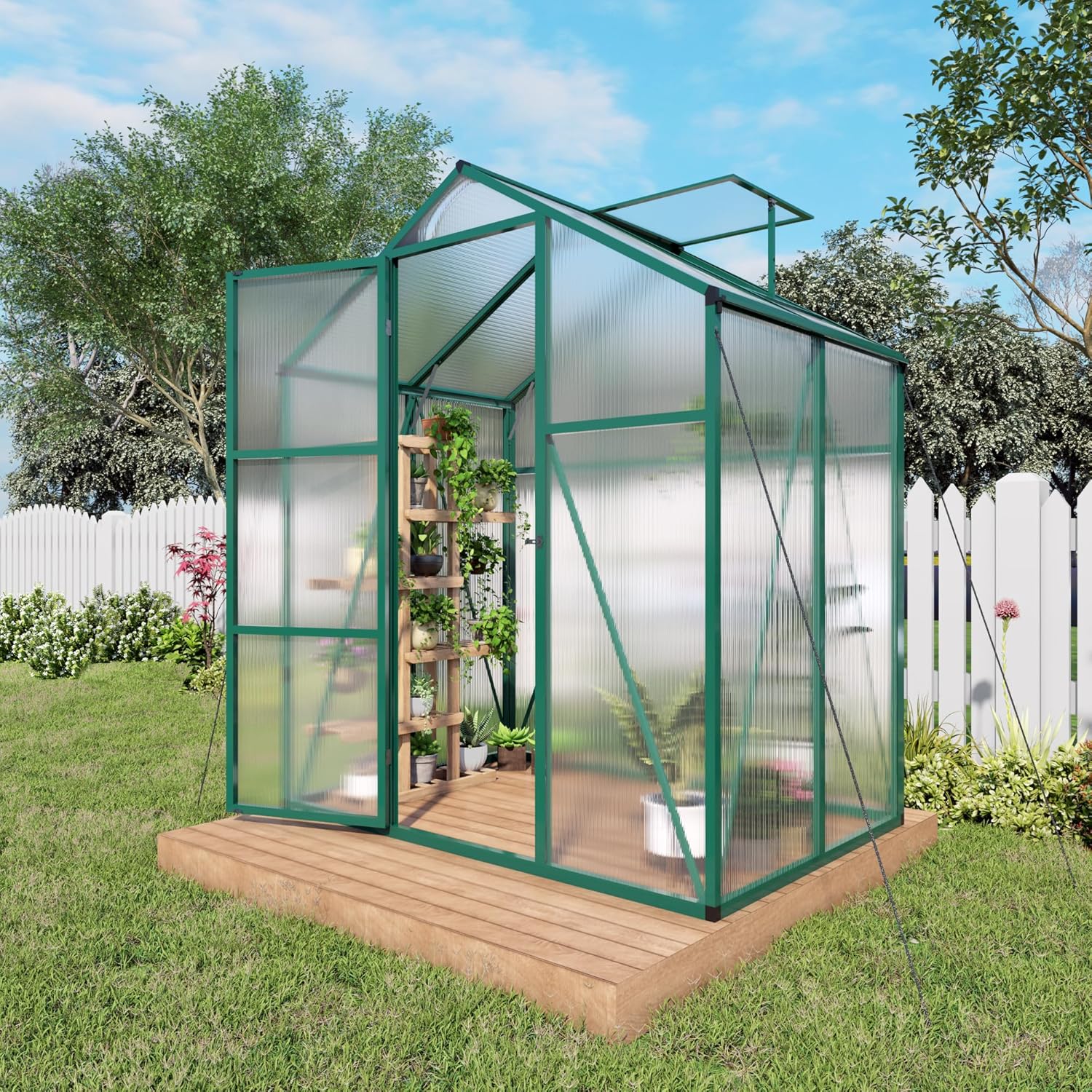 Greenhouse for Outdoors 6.1x4.1x7.2 FT, Polycarbonate Greenhouses with Roof Vent, Lockable Door and Ground Nails, Heavy-Duty Aluminum Walk-in Green House, Large Sunroom for Garden, Green