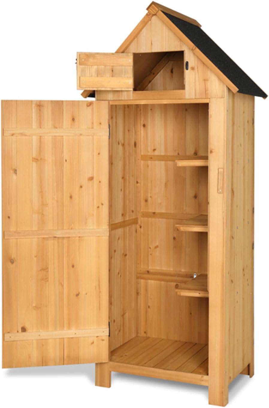 Garden Tool Shed Outdoor Wooden Storage Cabinet with 3 Shelves, Waterproof Roof and Latch, Outside Shed Closet House with Single Door for Yard Patio Lawn Deck, Wood Color