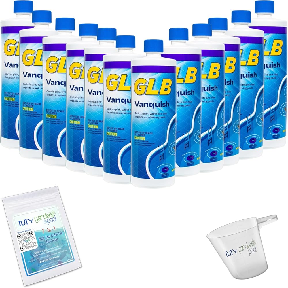GLB Vanquish Deposit Control 32 FL OZ 71118A with My Garden Pool 7 in 1 Test Strips and Measuring Cup, 12 Pack
