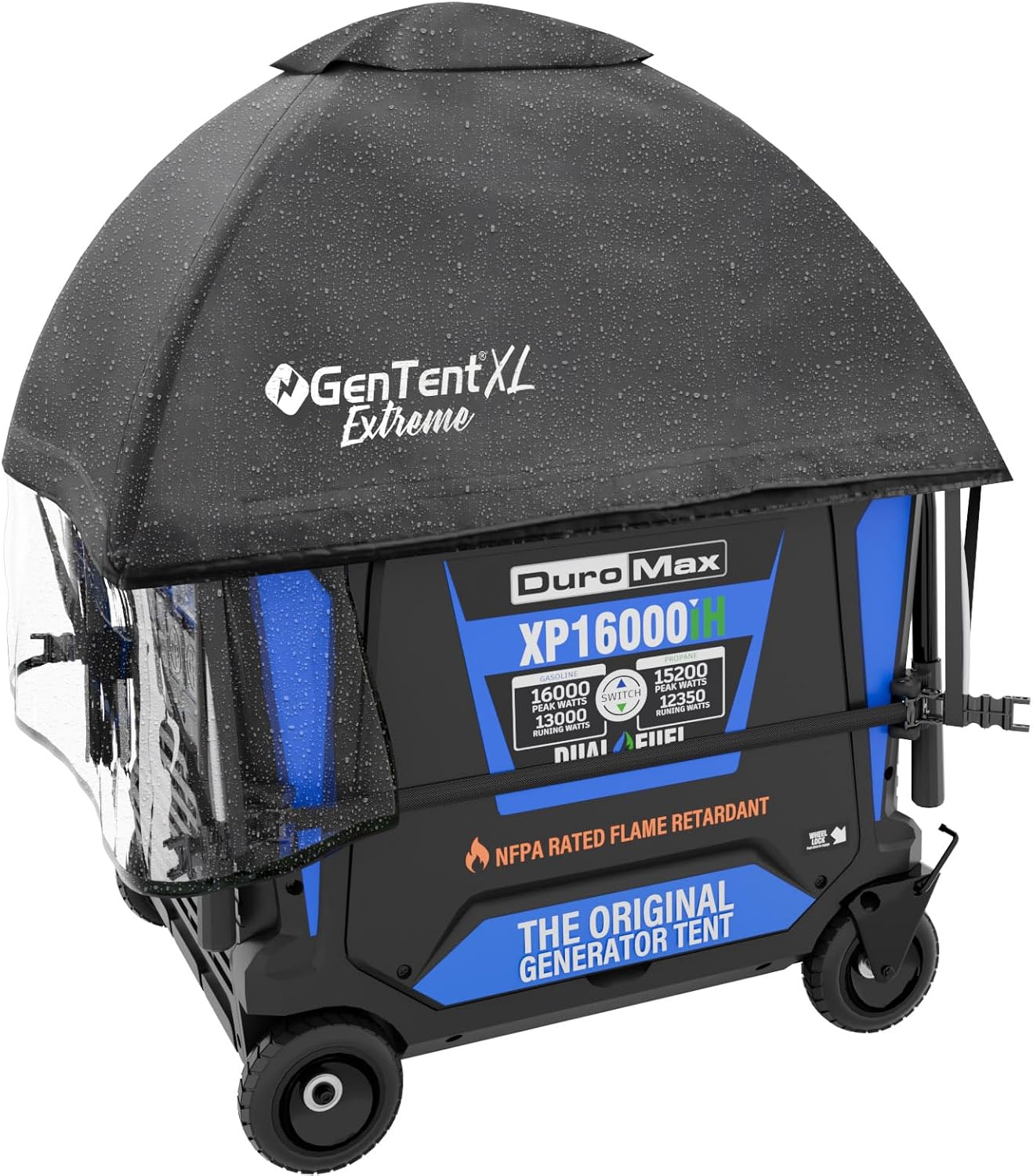 GenTent XL Inverter Generator Tent – NFPA FR Dual‑Coated Vinyl Running Cover, Waterproof and Cold‑Crack Tough, for Operating Larger Fully Encased Inverter Generators in Wet Weather (Extreme, Black)