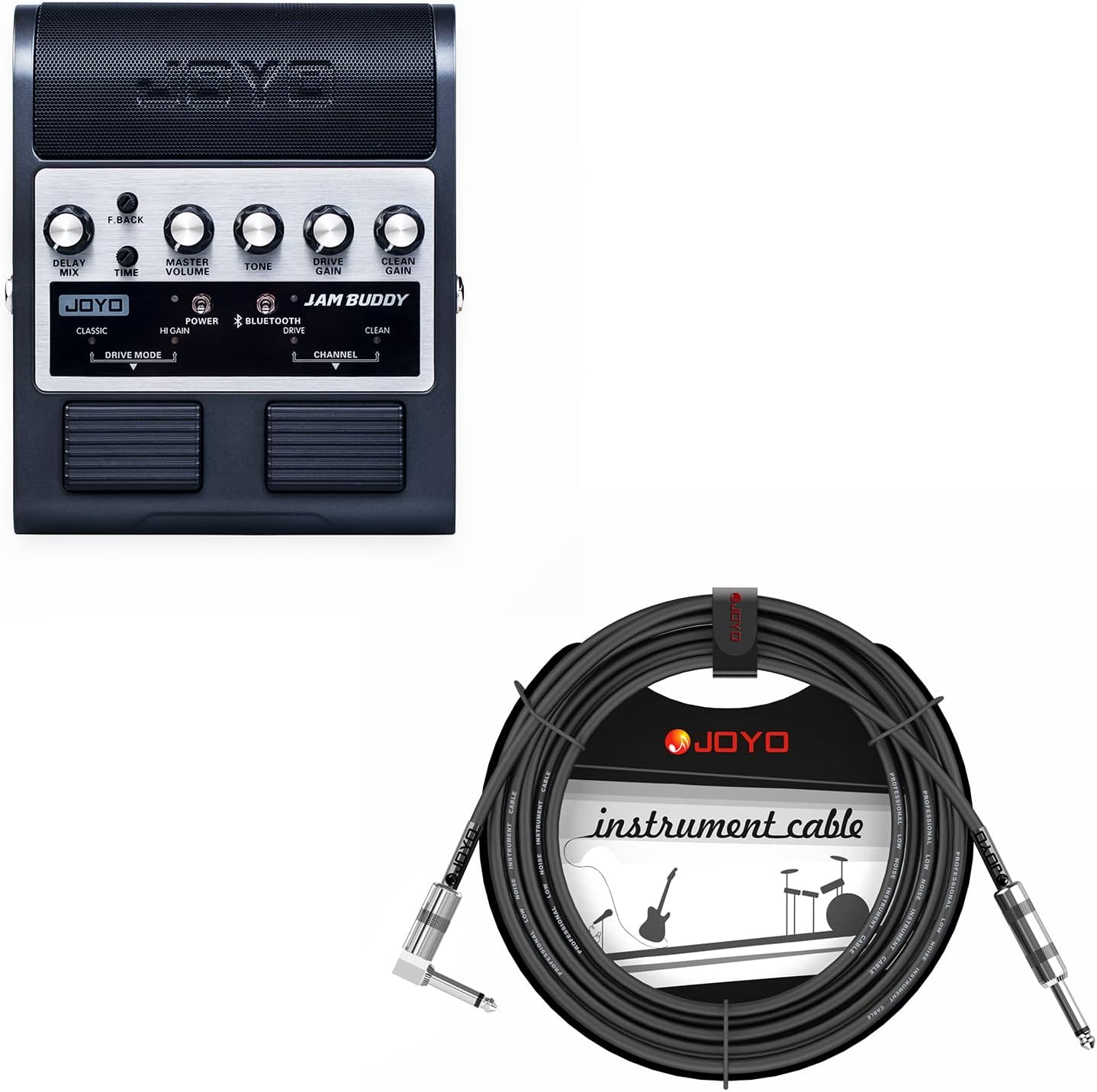 JOYO JAM Buddy Practice Amp Pedal All-in-One Bundle with CM-12 Musical Instrument Mono 6.35mm Audio Cable Straight-to-Right Angle