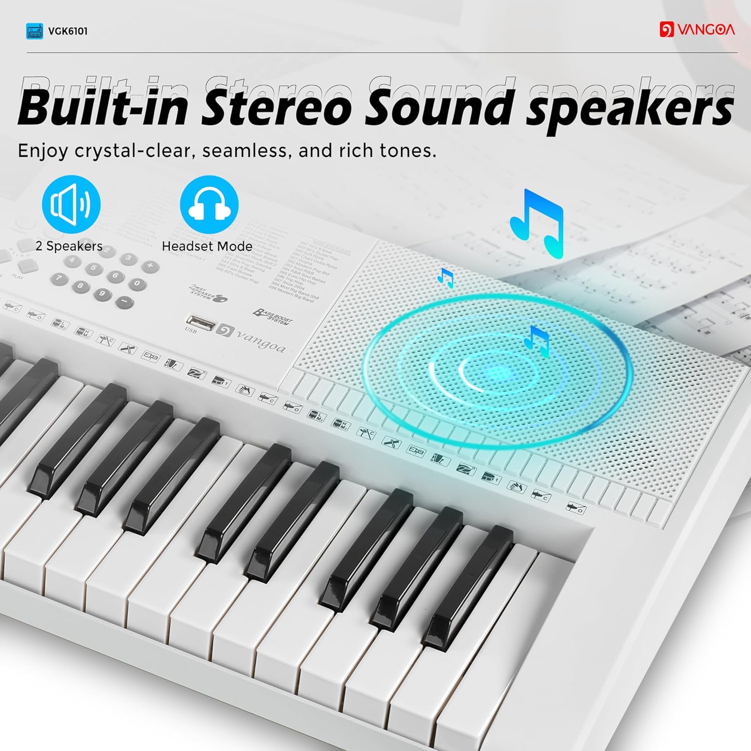 Vangoa Keyboard Piano 61 Key, Full Size Electric Piano Keyboard Light UP Keys with 3 Teaching Modes, Learning Music Keyboard Piano with Stand Headphones for Beginners Students, VGK6101 White