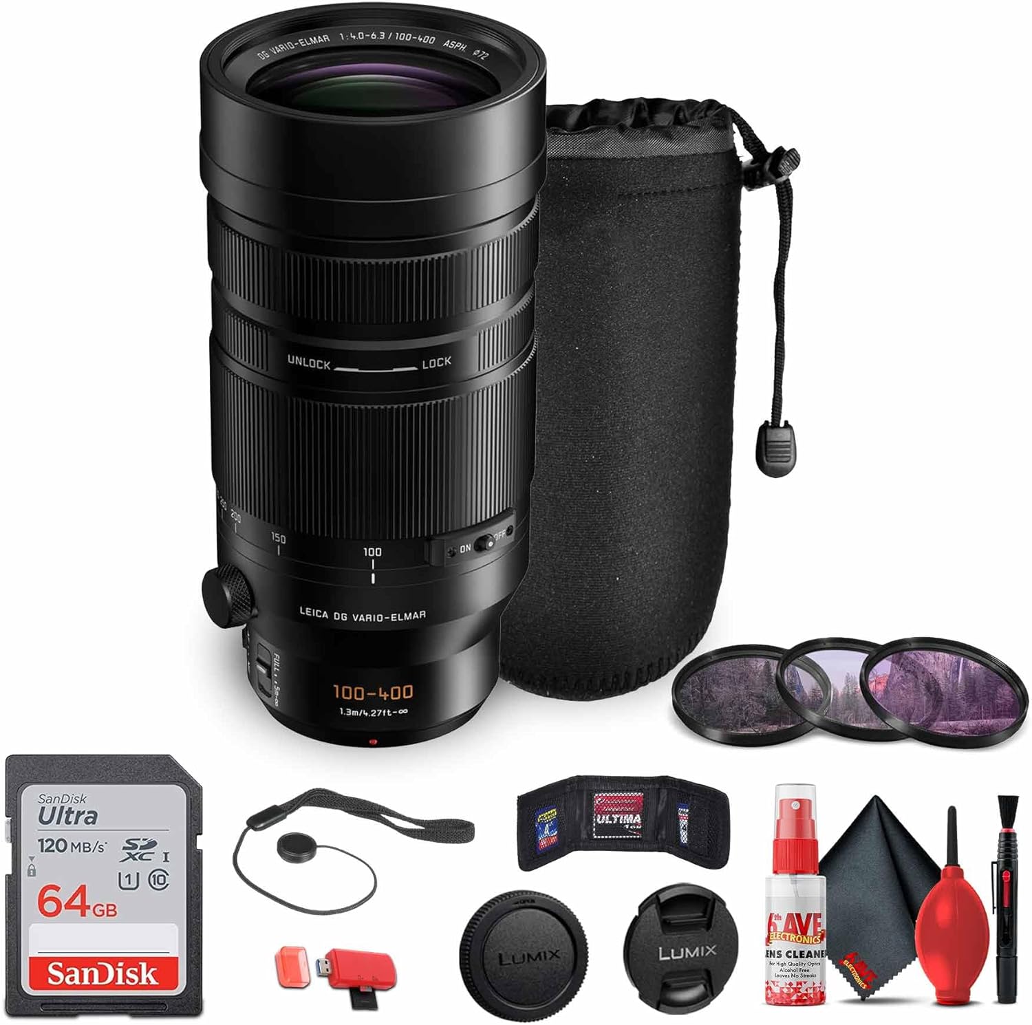 Panasonic Leica DG Vario-Elmar 100-400mm f/4-6.3 Power Lens (H-RSA100400) Bundle Including: 64 GB Memory Card, 3-Piece Filter Kit, Lens Pouch, Lens Caps, Lens Cap Keeper, Full Cleaning Kit, More