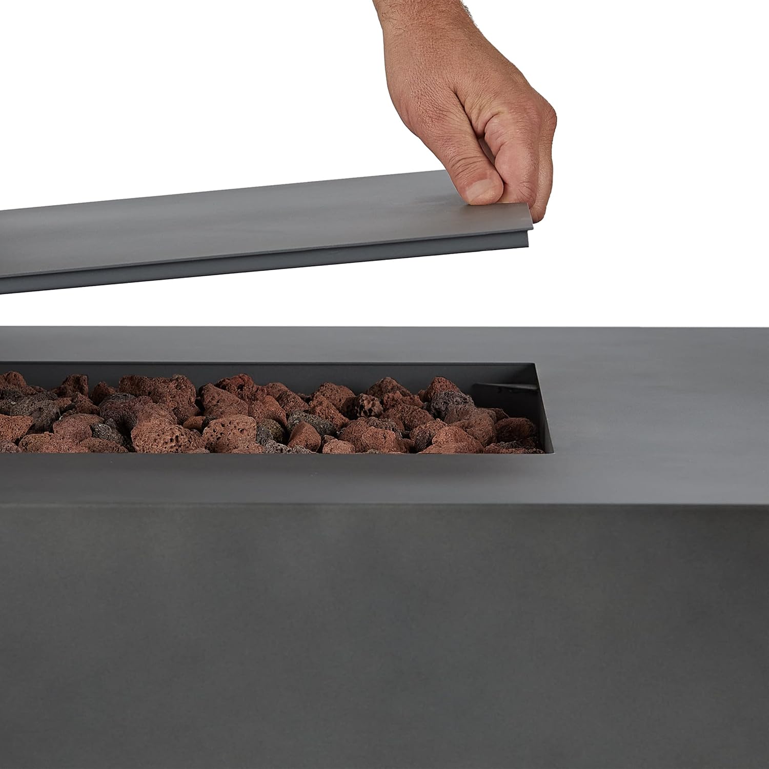 Real Flame Aegean 70in Rectangle Propane or Natural Gas Fire Pit Table, 65,000 BTU, Powder-Coated Steel, Push-Button Ignition, CSA Certified, Lava Rock, Storage Cover, Stainless Steel Burner with Lid