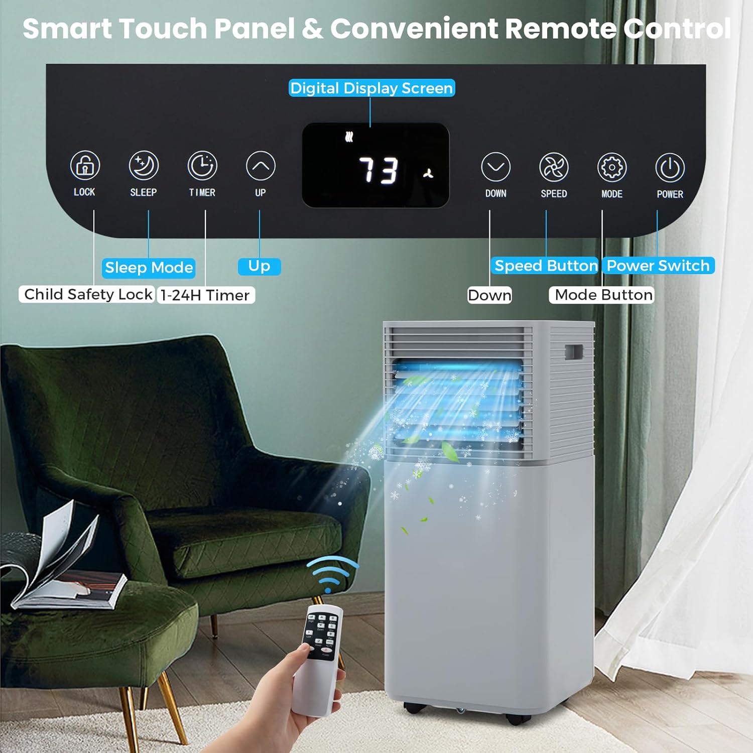 KOTEK Portable Air Conditioners, Air Conditioner for Rooms up to 230 Sq Ft, Ac Unit with Remote Control, 2 Speeds, 4 Modes, 24H Timer & Window Installation Kit for Home/Office/Dorms (Grey, 8000 BTU)