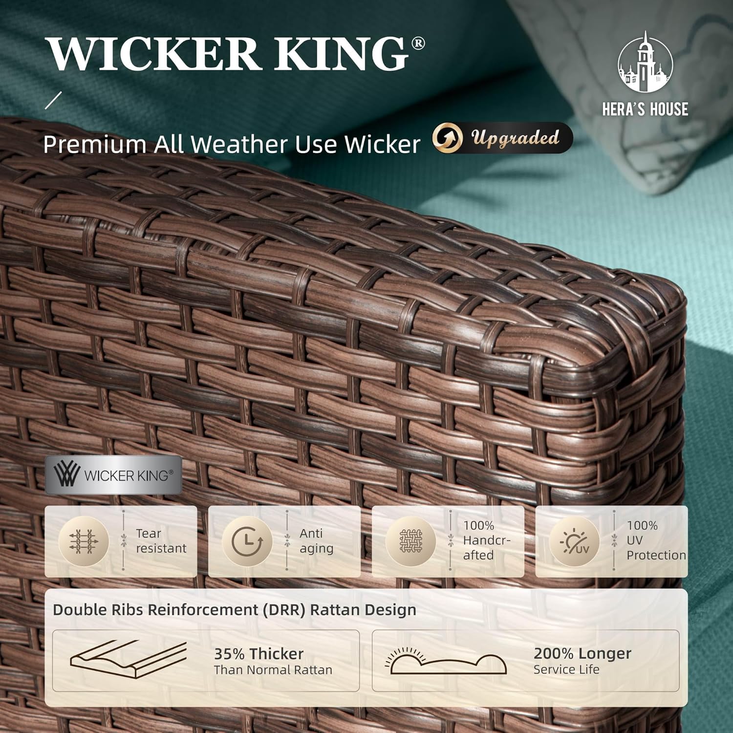 HERA'S HOUSE Patio Furniture Set with Fire Pit Table, Outdoor Wicker Furniture, All Weather Deep Seating Conversation Sofa Set, Brown Rattan Chairs for Deck Backyard, Blue