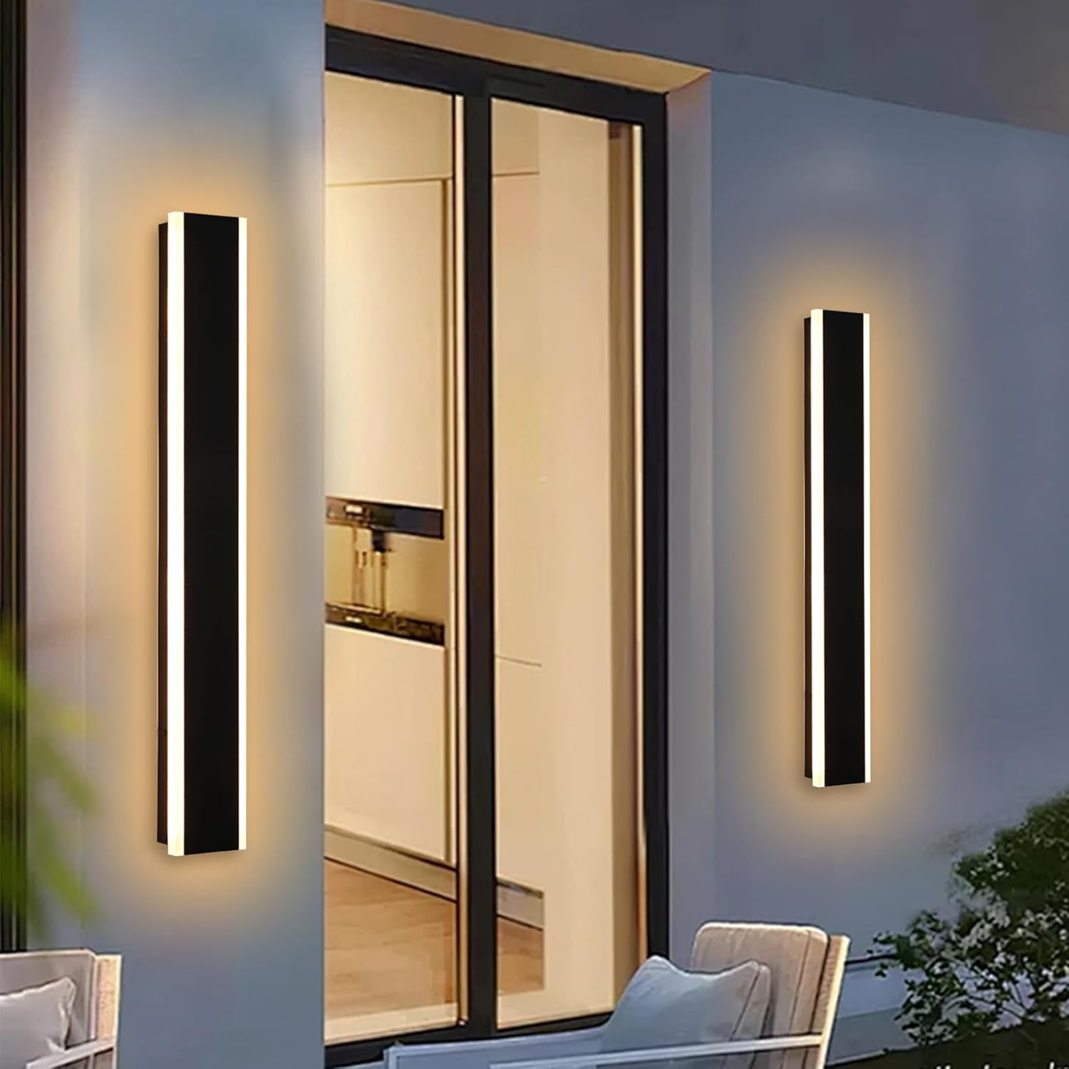 Yaohong 2 Pack 32inch LED Outdoor Wall Linear Lights, Modern Black 3000K-6000K Dimmable Exterior Lighting Fixtures Patio Light, IP65 Waterproof Outdoor House Lights Wall Mount for House Courtyard