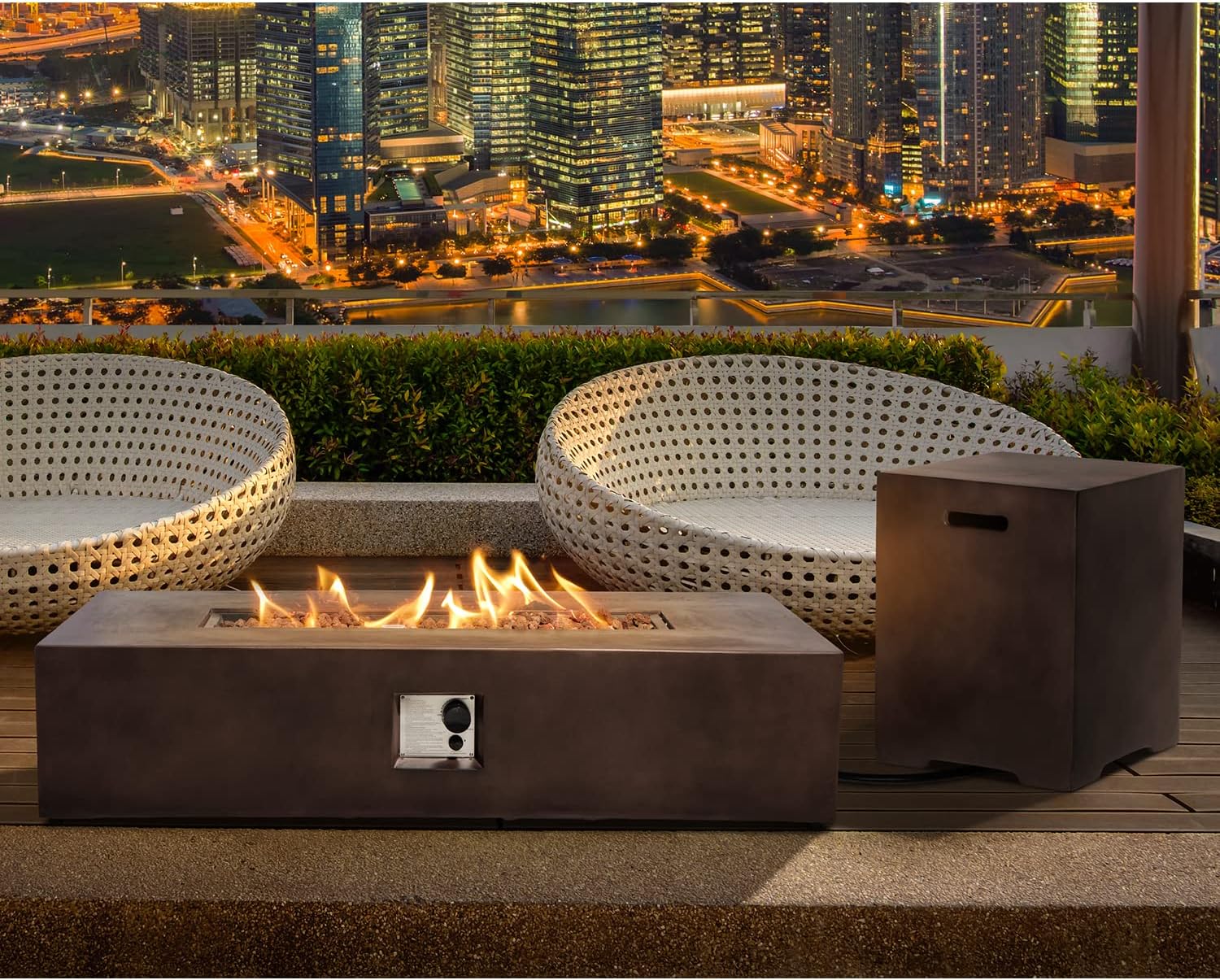 Patio Propane Gas Fire Table w 20lb Tank, 50,000 BTU Outdoor Rectangle Fire Pit, Concrete-Like Finish with Lava Rocks, Rain Cover, 56x29inches, Bronze