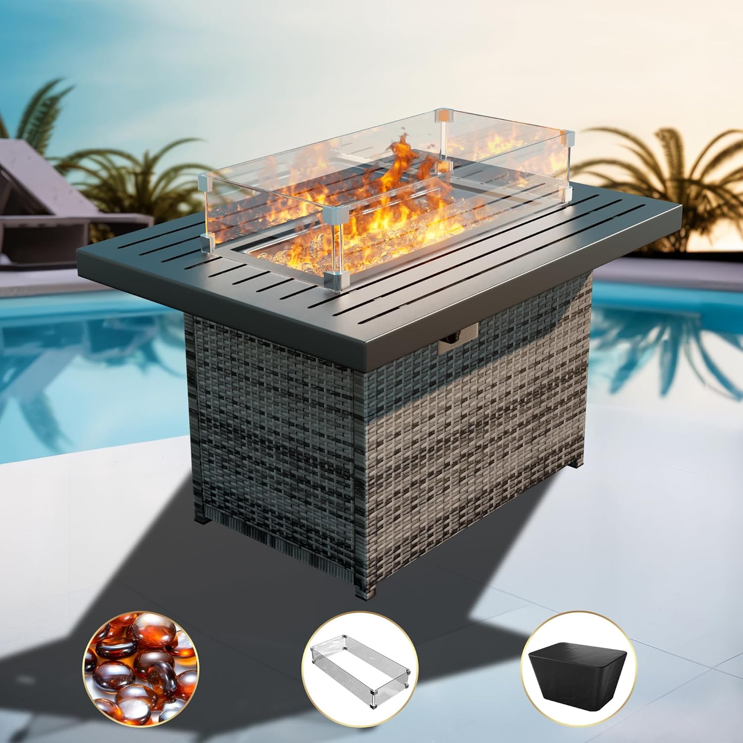 Yoyomax Hand Weave Rattan Propane Fire Pit Table 44-Inch Aluminum Tabletop and Frame, 60,000 BTU Adjustable Flame, Glass Wind & Waterproof Cover & Fire Beads, Idea for Patio, Garden, Resto Hotel