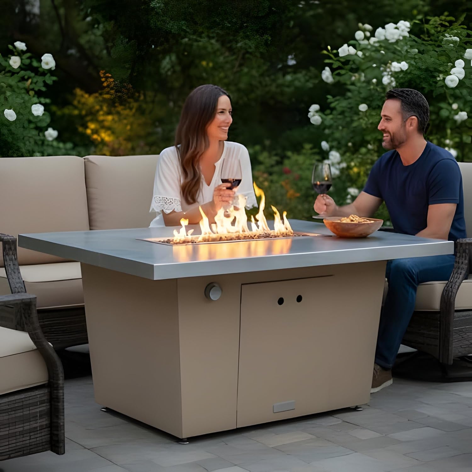 COOKE Palisades Rectangular Fire Pit Table - 52x36 - Chat Height - Propane - Brushed Aluminum Top with 3cm Edge - Grey Texture Powdercoat Base