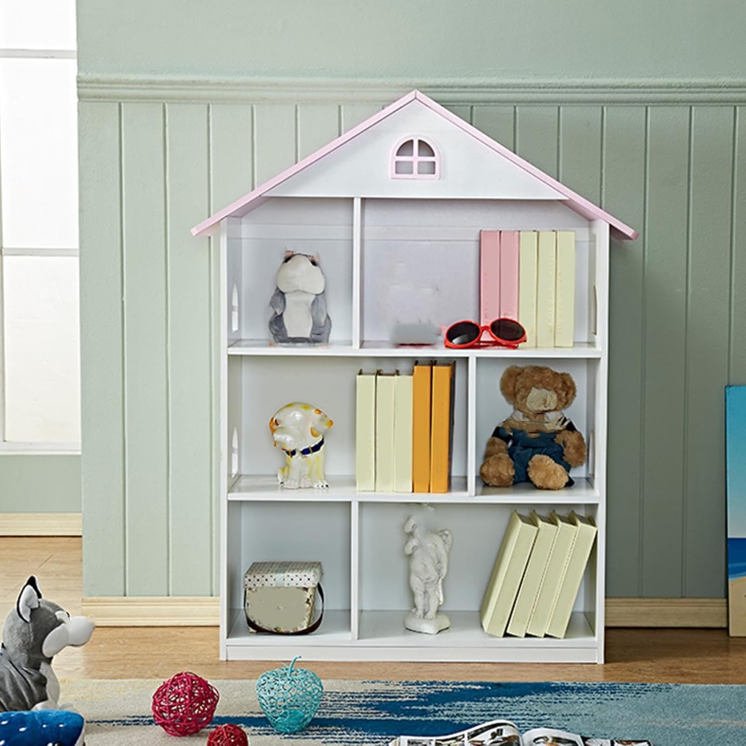 Wooden Dollhouse Bookshelf, 3 Tier Pink and White Kids Bookcase Toy Storage Organizer, Doll House Bookcase for Childrens Bedroom Playroom Nursery Classroom for Boys Girls Ages 3-8 Years Old