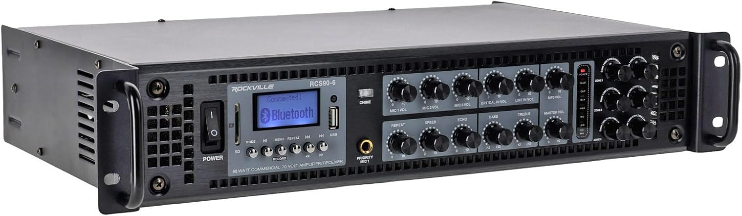 Rockville RCS90-6 90 Watt 6 Zone 70V/100V Commercial Amplifier Receiver, Bluetooth, 3 Mic Inputs, USB/SD, Rack Mount, for Restaurants, Bars, Cafes, Schools, Lounges, and Offices.