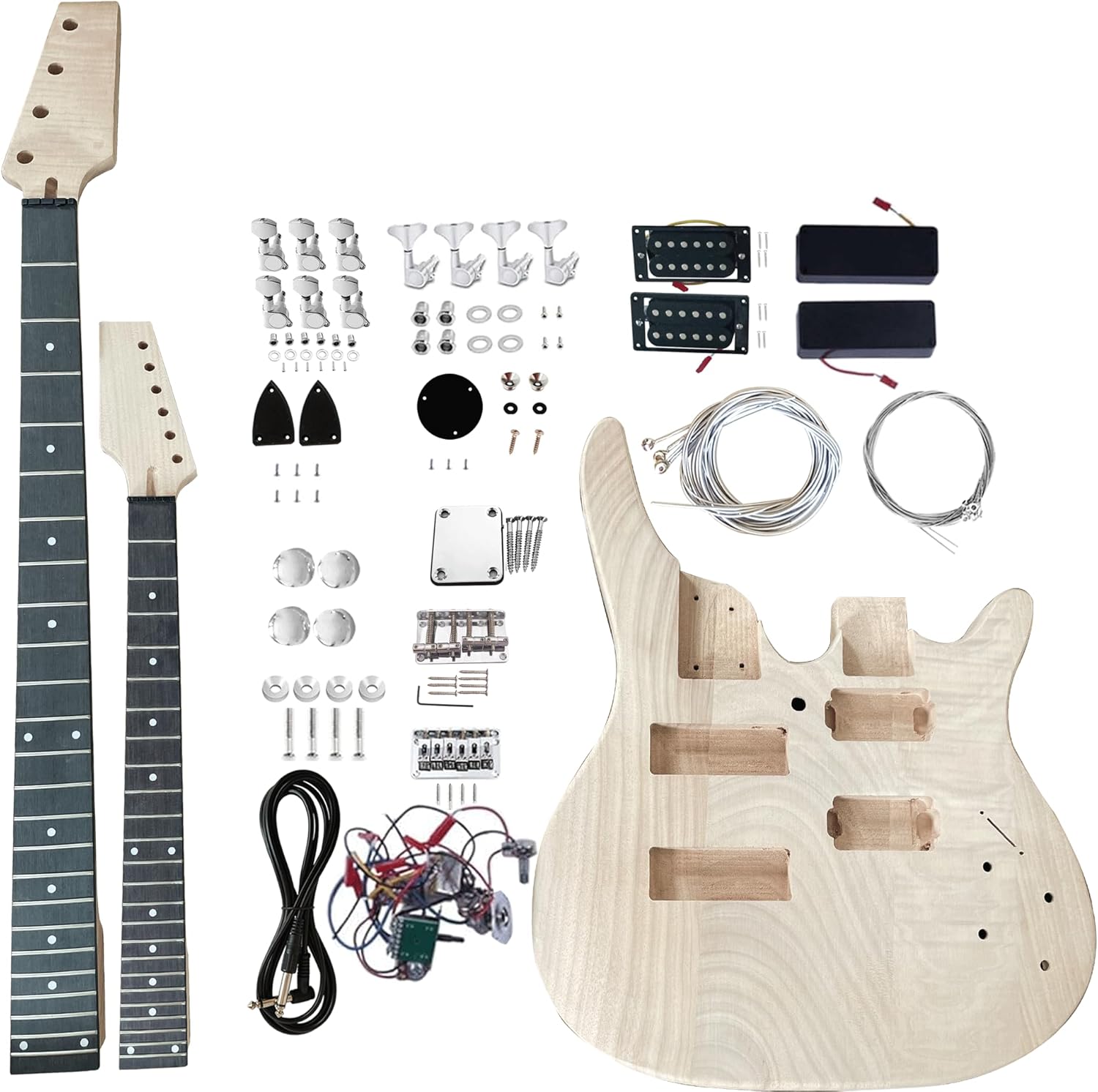 Electric Guitarr and Bass Double Neck Kit 6 String and 4 String Guitarr Kits Right Handed with Mahogany Body Mahogany Neck Rosewood Fingerboard Chrome Hardware DIY Build Your Own Bass and Guitarr.
