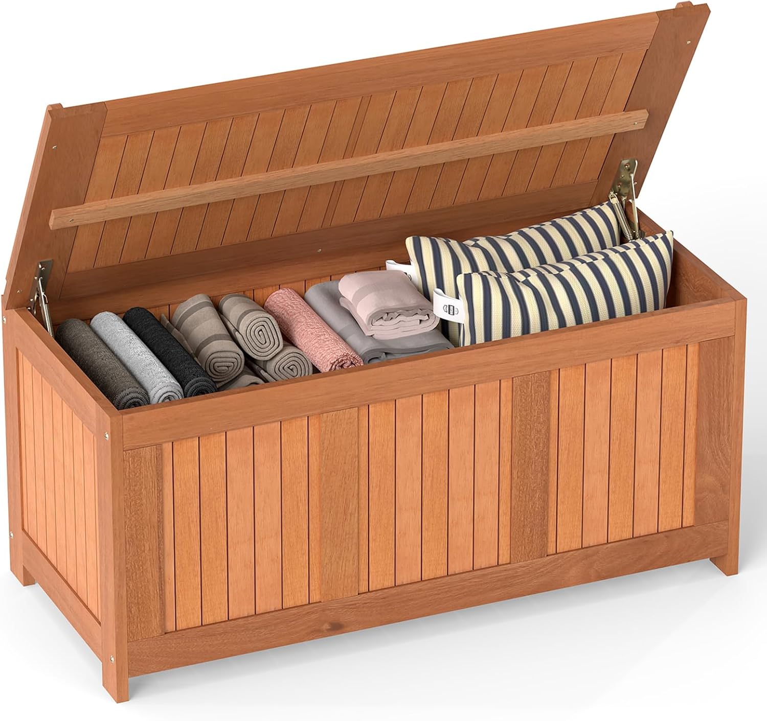 HAPPYGRILL Outdoor Wood Deck Box with Flip Top, Patio Storage Bench for Garden, Poolside, Backyard, 58 Gallon