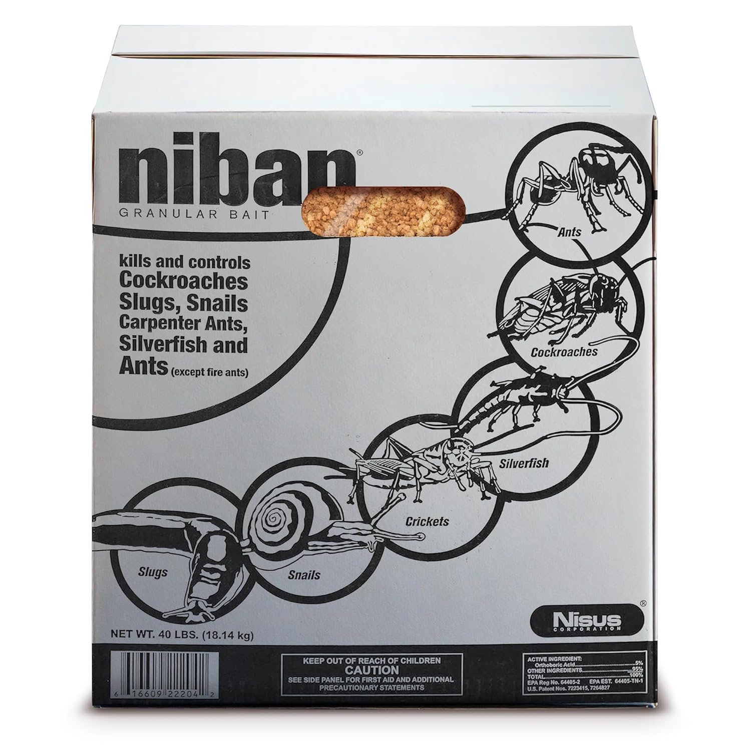 Nisus Niban Granular Bait, Weather-Resistant, Boric Acid Formula, Ants, Roaches, Crickets, Slugs & Snails, Indoor/Outdoor Use, 40 lbs