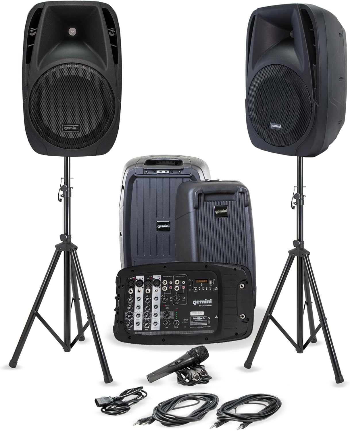 Gemini Portable PA System with Stands - 600W Bluetooth Speaker System with 6-Channel Mixer, Dual 10
