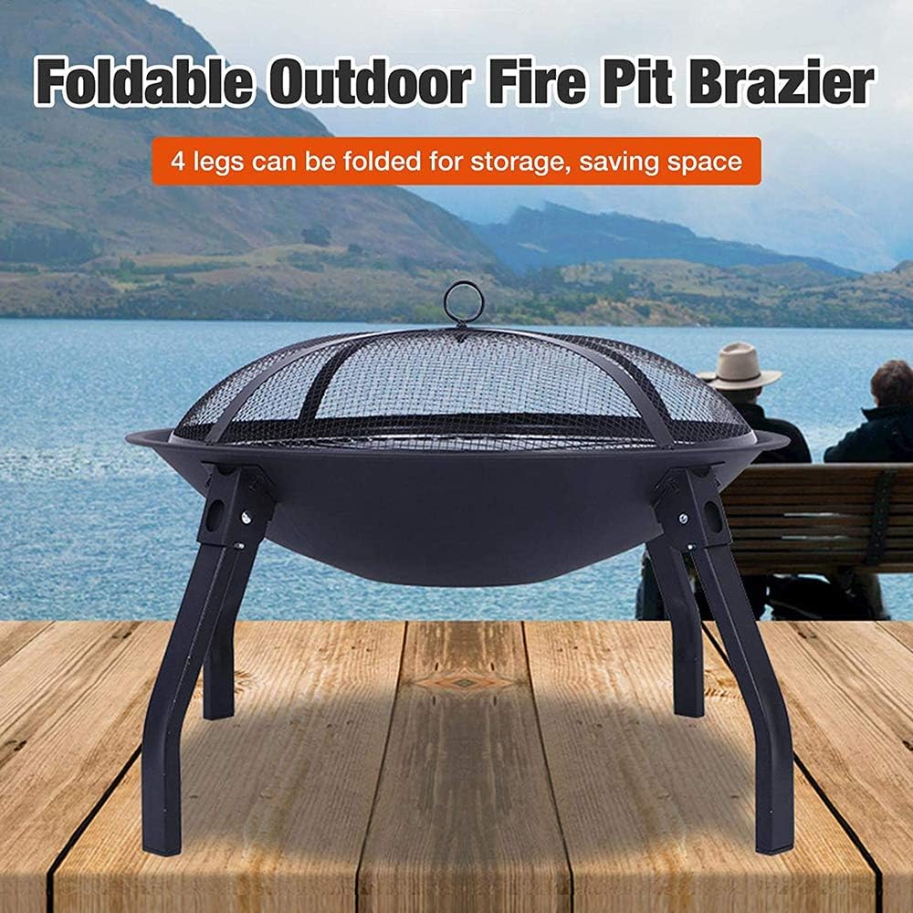 Foldable Round Fire Bowl, Outdoor Camping Fire Pits, with Firepalce Poker Waterproof Cover 22 Inch Patio Firepit