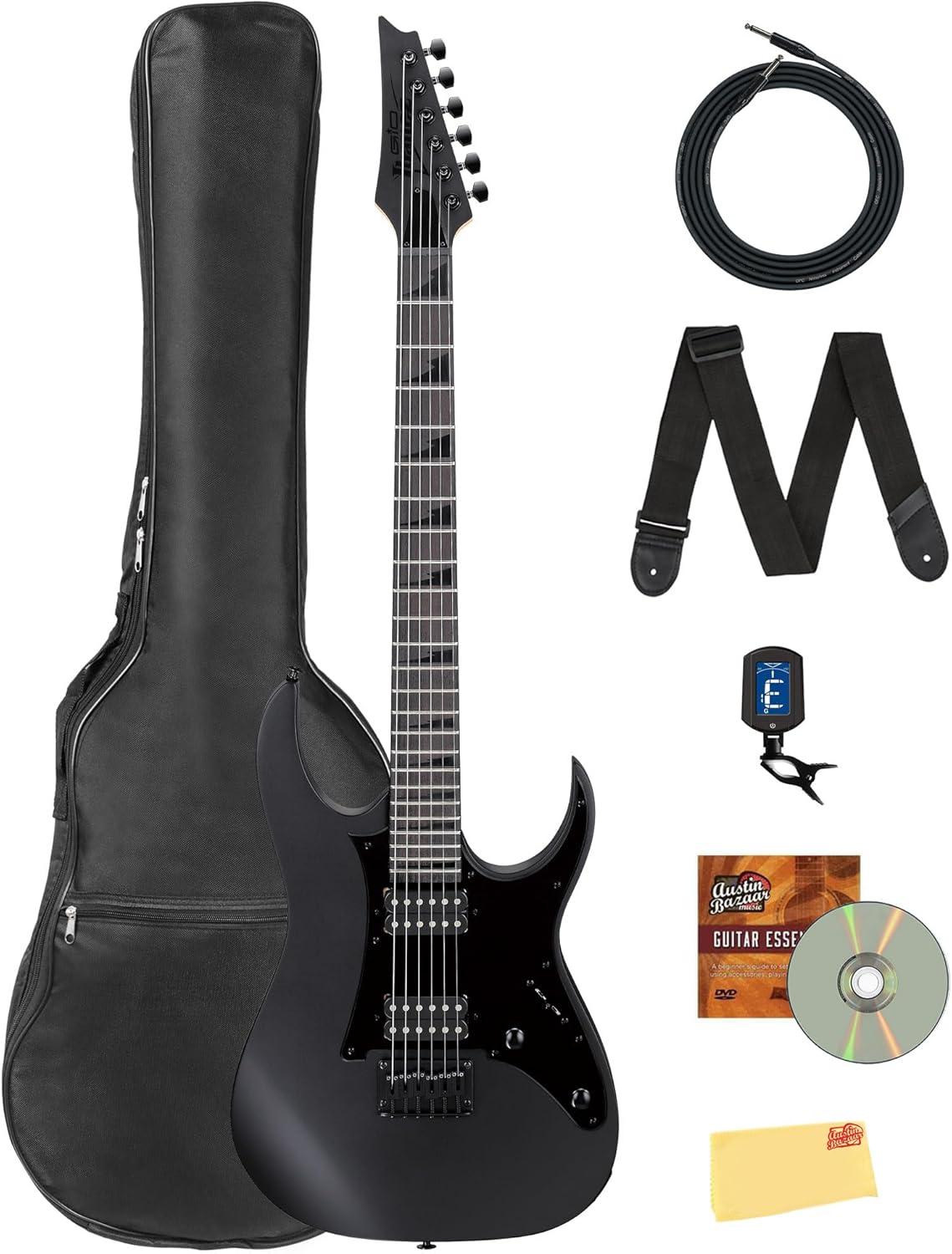 Ibanez GRGR131EX RG Gio Electric Guitar - Black Flat Bundle with Gig Bag, Tuner, Strap, Cable, Austin Bazaar Instructional DVD, and Polishing Cloth