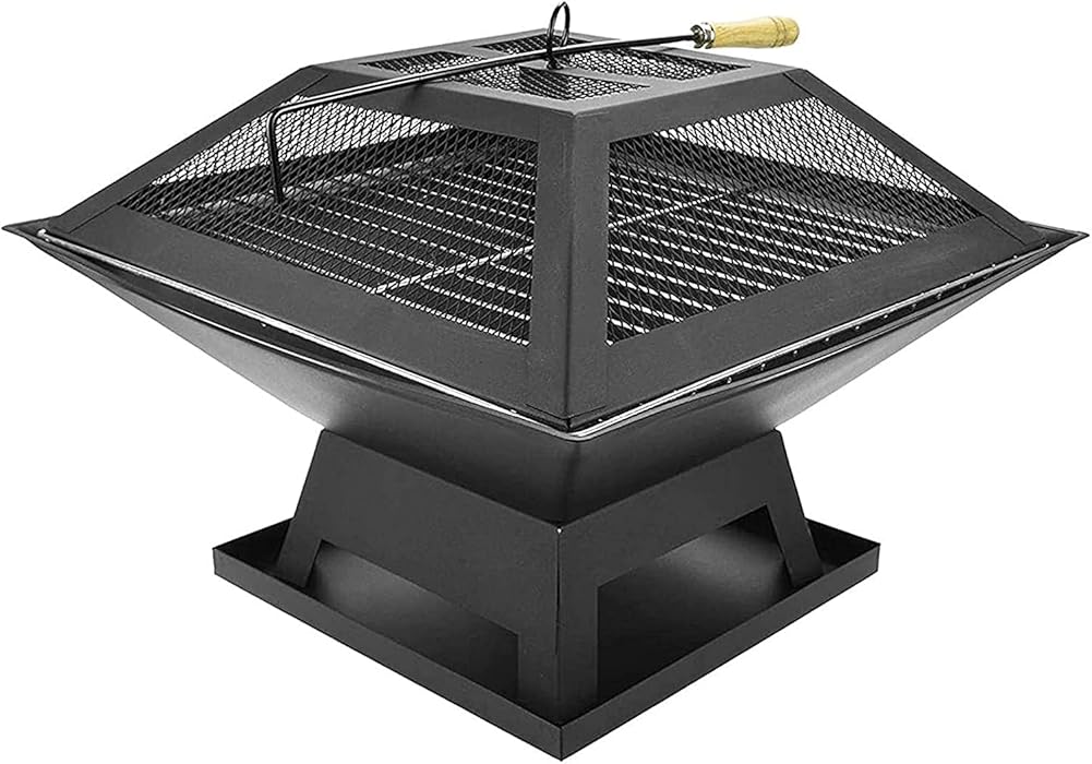 BBQ Grill Outdoor Barbecue Grill Square Outdoor Metal Firepit, with Spark Screen Log Poker and Cover Grill Table, for Backyard Patio Garden Stove Wood Burning Fire Pit